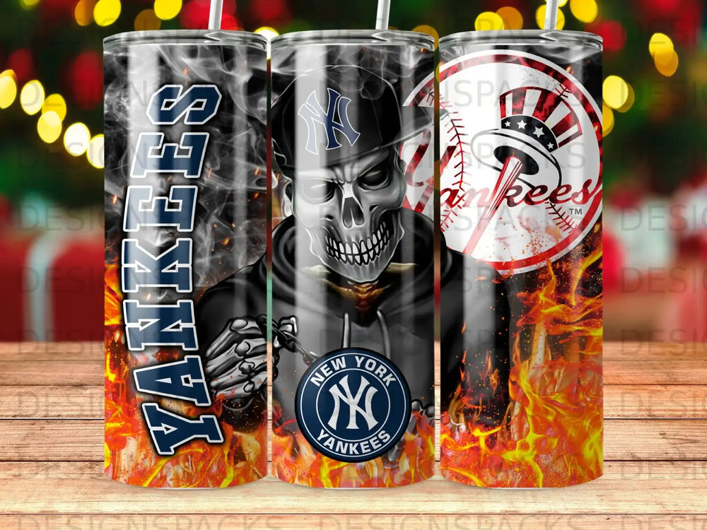 New York Yankees skull and flames tumbler with "Yankees" text.