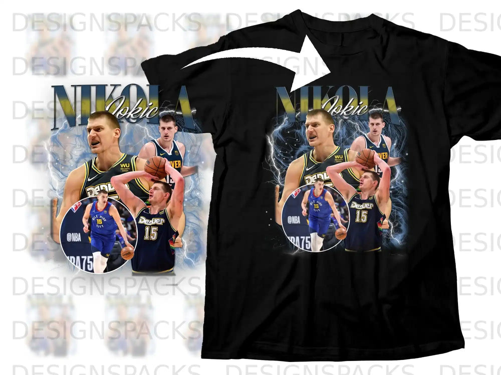 Nikola Jokic basketball t-shirt with player graphics and team logos.