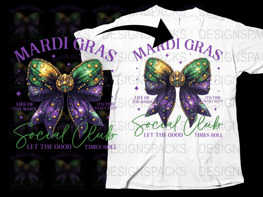 Mardi Gras T-Shirt, Butterfly Mask Design, Social Club Quote, Festive Party Wear, Purple Green White