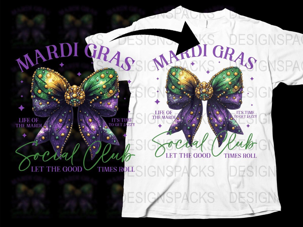 Mardi Gras T-Shirt, Butterfly Mask Design, Social Club Quote, Festive Party Wear, Purple Green White