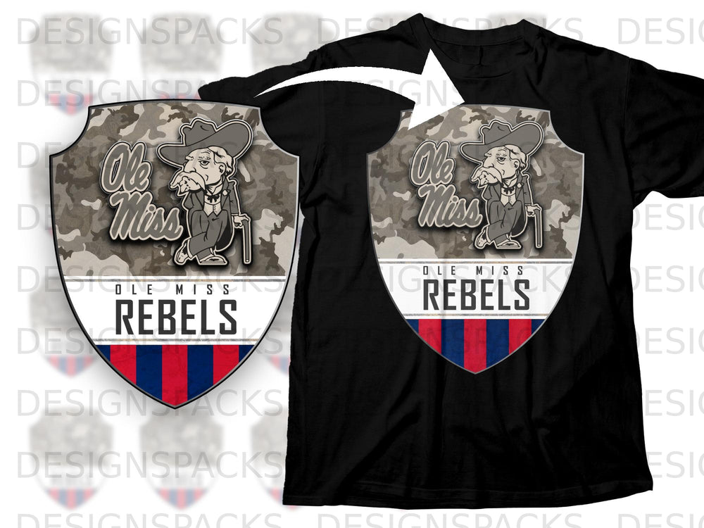 Black t-shirt with Ole Miss Rebels shield logo featuring a cartoon figure and camouflage.