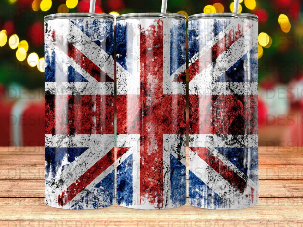 Three tumblers with a distressed Union Jack flag design.