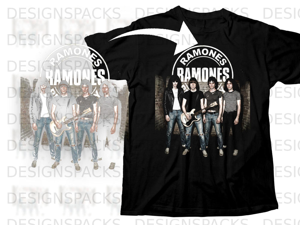 Black t-shirt with Ramones logo and band members on front.