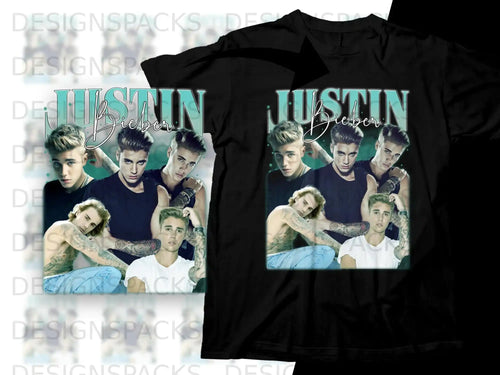 Justin Bieber graphic t-shirt with four portraits of the singer.