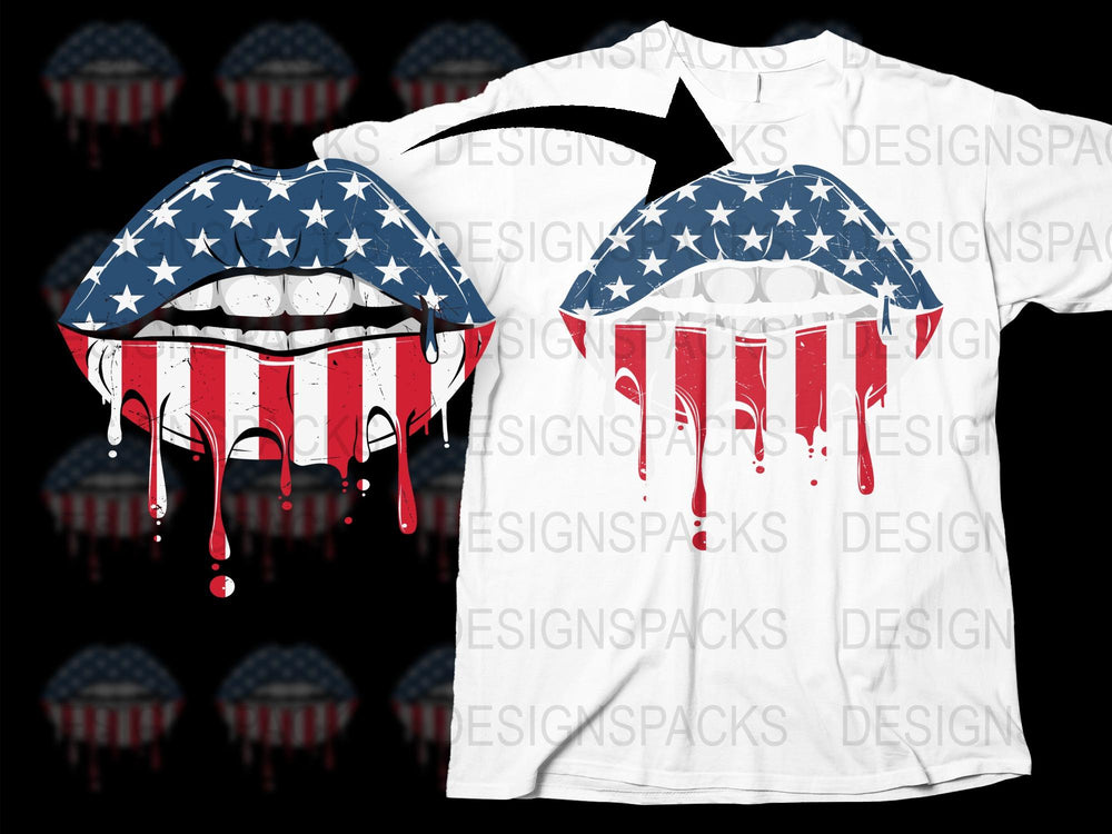 Patriotic American Flag Lips T-Shirt, Distressed USA Print, Unisex Adult Clothing, 4th of July Outfit