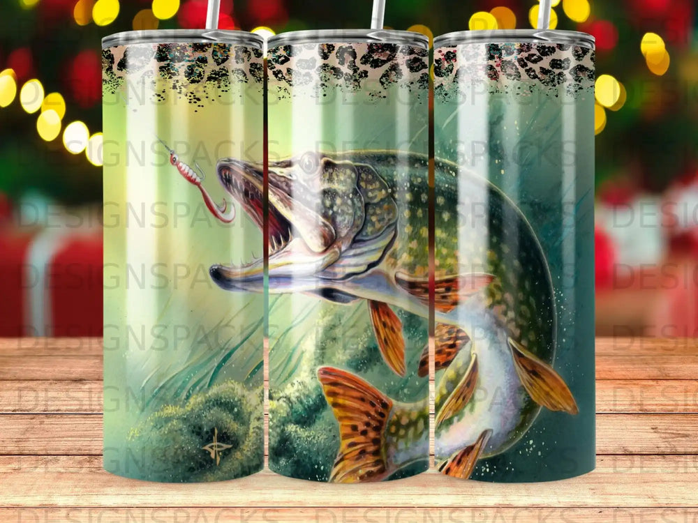 Tuscan tumbler with leaping pike fish and leopard print design.
