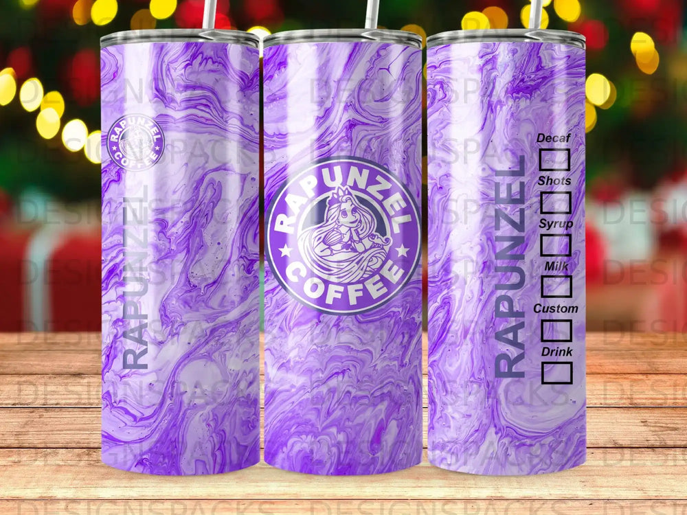 Rapunzel Coffee purple marble tumbler with drink customization options.