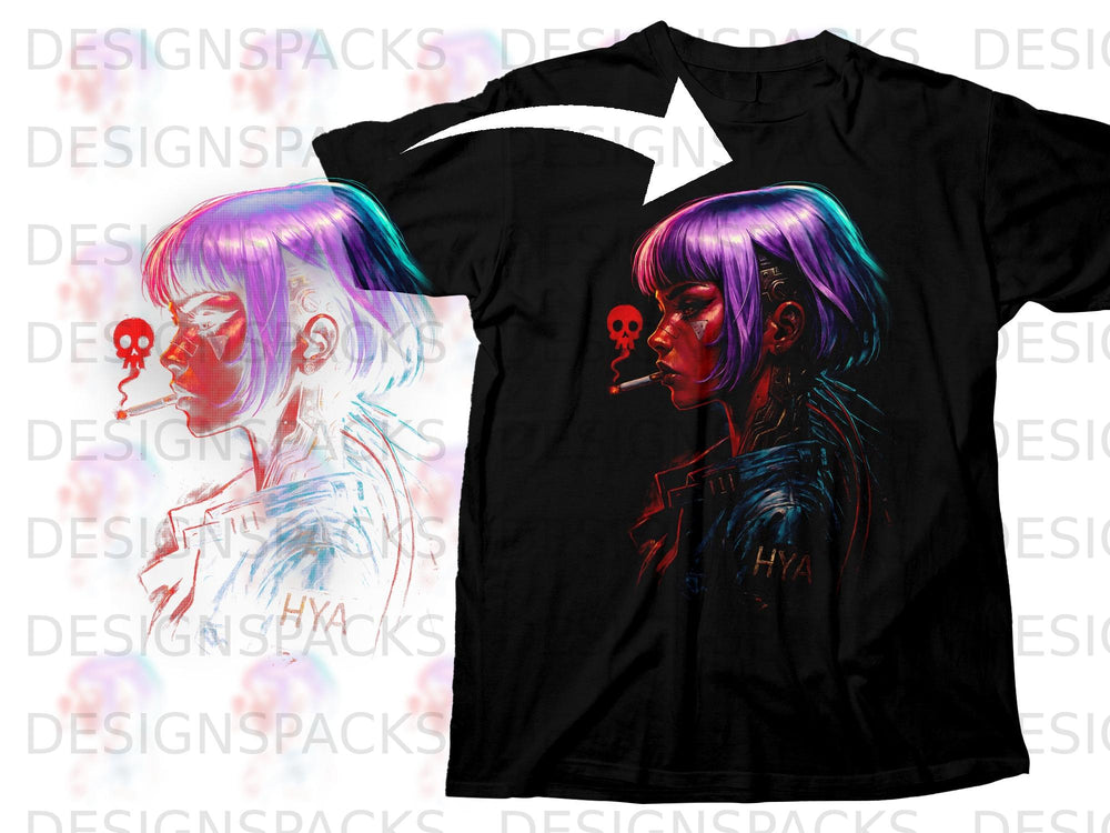 Black t-shirt with cyberpunk woman graphic smoking, "HYA" text visible.