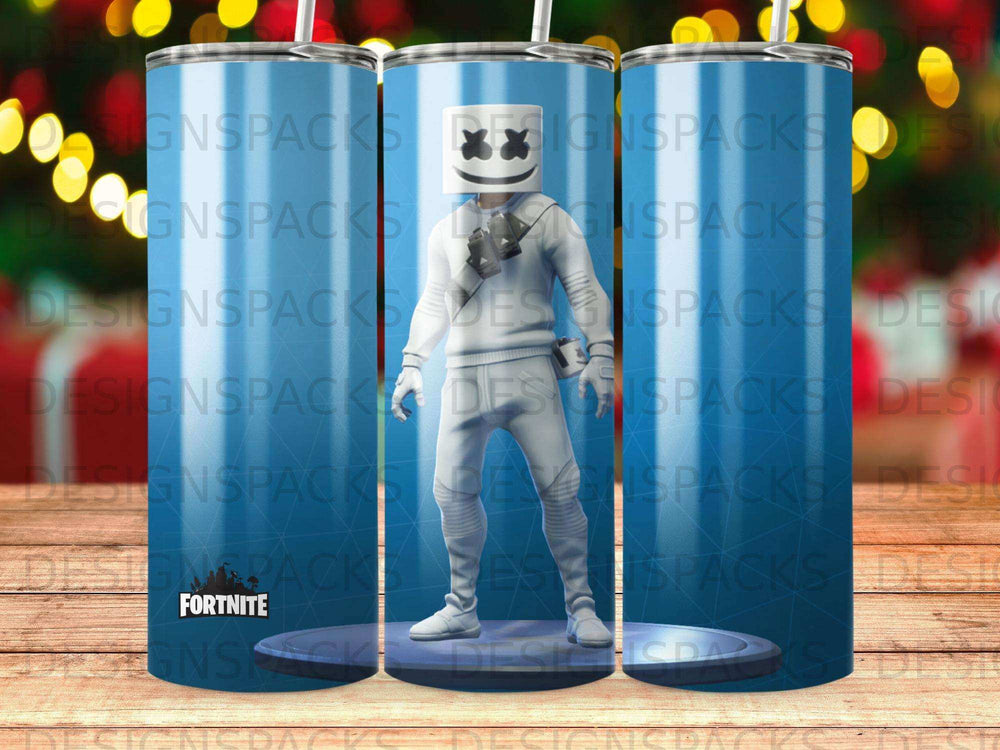 Fortnite Marshmello character on a blue tumbler with "DESIGNSPACKS" pattern.