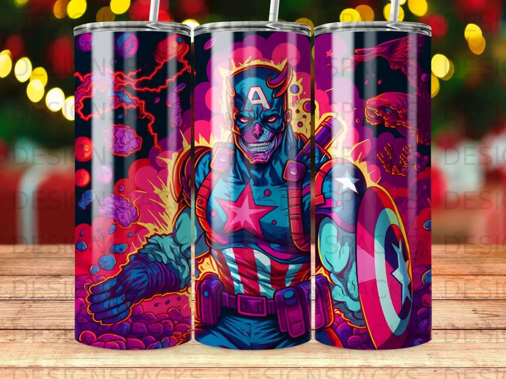 Captain America character artwork with shield and lightning.