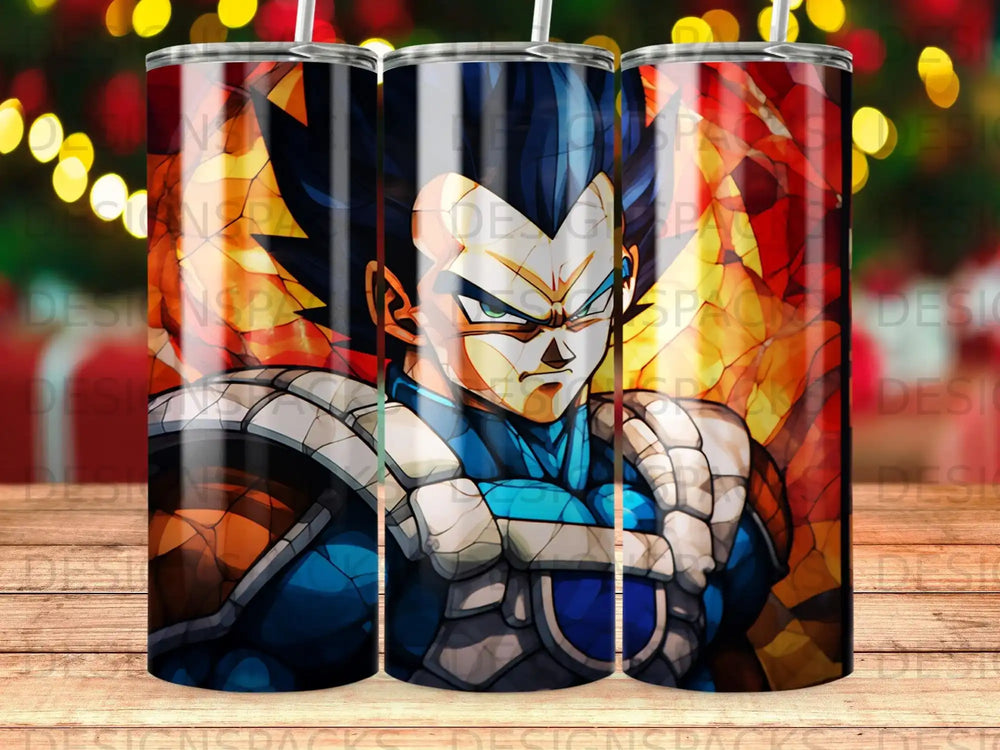 Vegeta from Dragon Ball Z stained glass design on a tumbler.