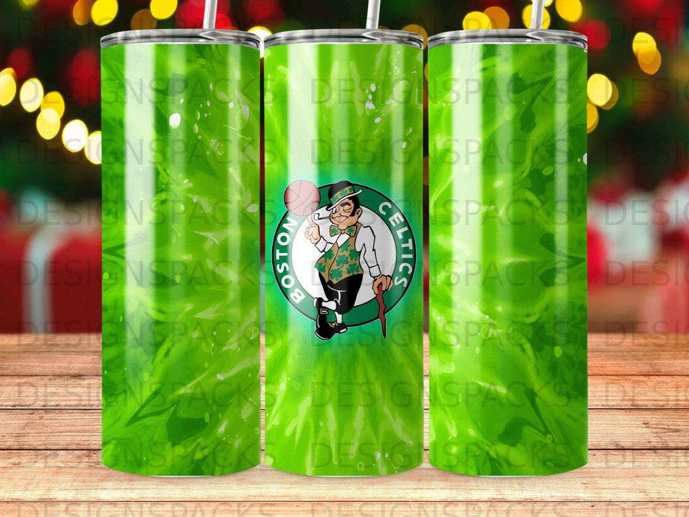Boston Celtics logo on a green glitter tumbler.