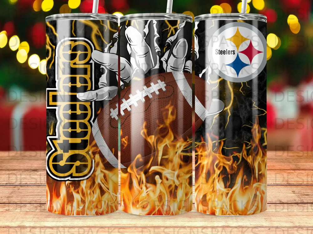 Pittsburgh Steelers football with flames and lightning design on a tumbler.