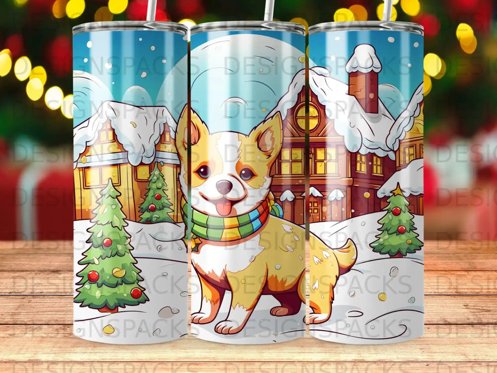 Cartoon corgi wearing scarf in snowy village with Christmas trees.