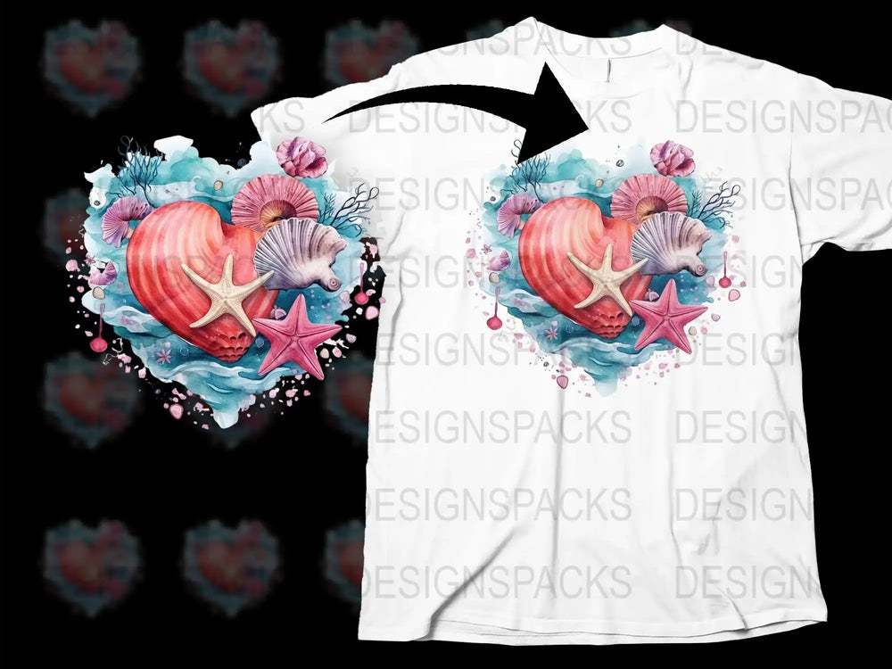 Ocean Heart T-Shirt, Nautical Love Graphic Tee, Coral Reef and Starfish Design, Watercolor Art Print Shirt for Beach Lovers