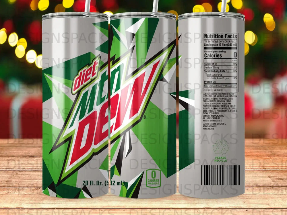 Diet Mountain Dew can with nutrition facts and 20 fl oz volume.