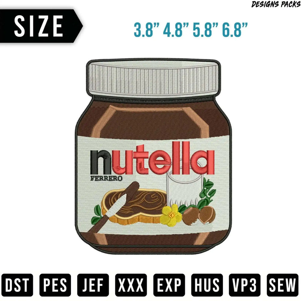 Nutella jar embroidery design with size options and file formats.