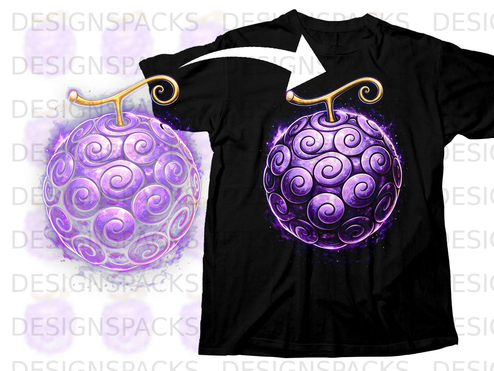 Black t-shirt featuring a purple Devil Fruit design with a golden stem.