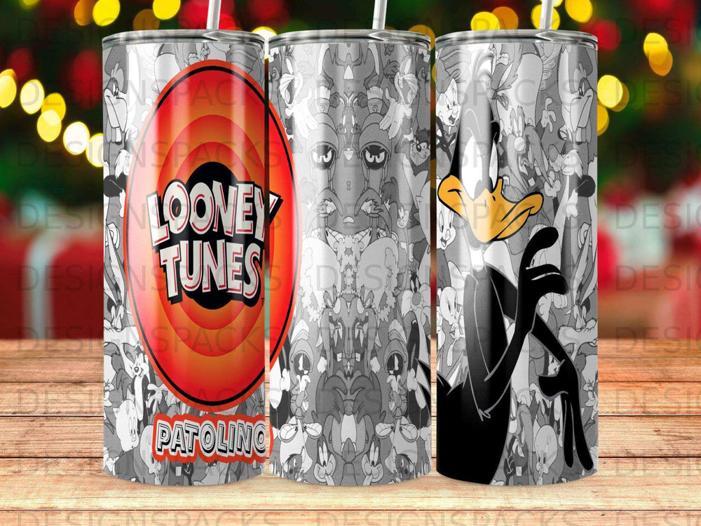 Looney Tunes "PATOLINO" tumbler with cartoon characters and a black duck.
