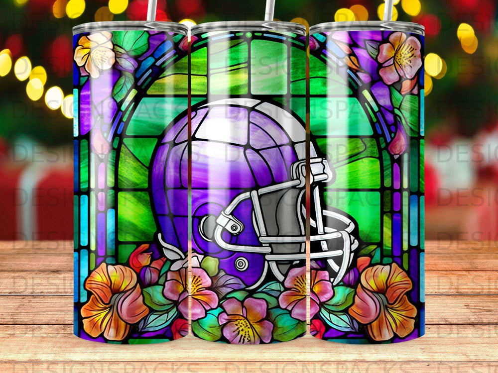 Purple football helmet with stained glass and floral design.