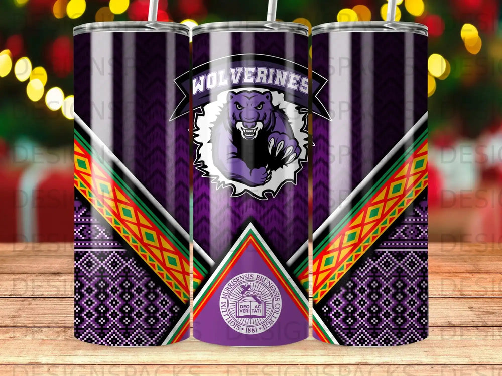 Purple tumbler with "Wolverines" logo, a bear, and geometric patterns.