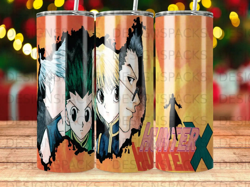 Hunter x Hunter characters on a multi-paneled tumbler with a teal 'X' logo.