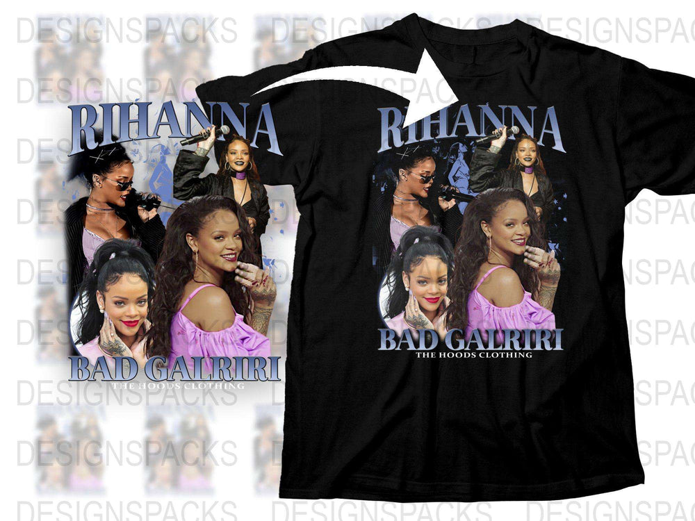 Rihanna Inspired Graphic T-Shirt, Women's Pop Icon Casual Tee, Trendy Black Concert Shirt with Multiple Images, Fashion Apparel