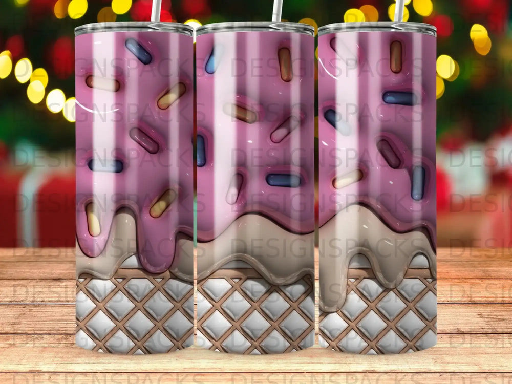 Donut and waffle pattern tumbler with pink frosting and sprinkles.