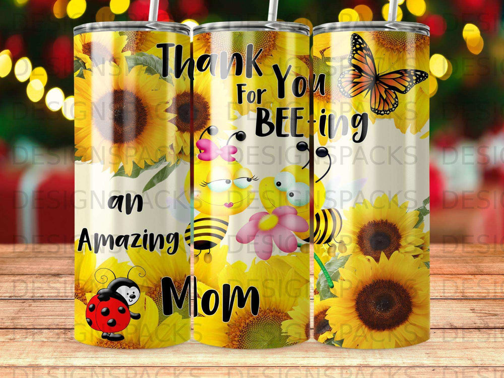 Sunflower tumbler with bees, ladybug, butterfly, and text "Thank You For BEEing Amazing Mom".