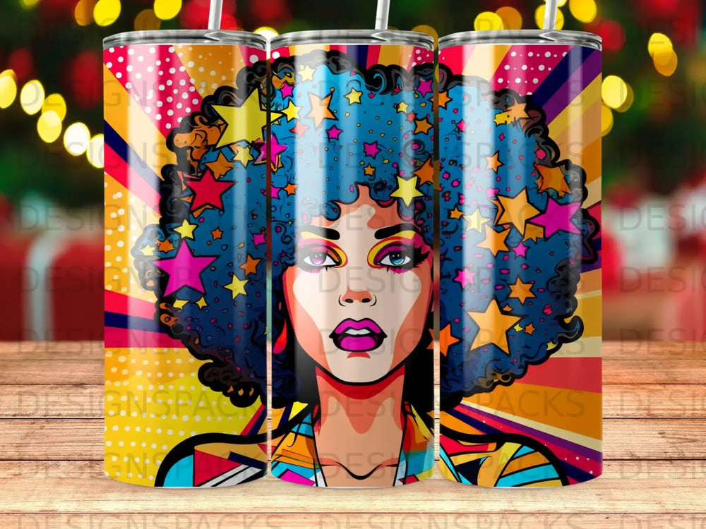 Woman with colorful star-shaped afro and bold makeup on striped background.