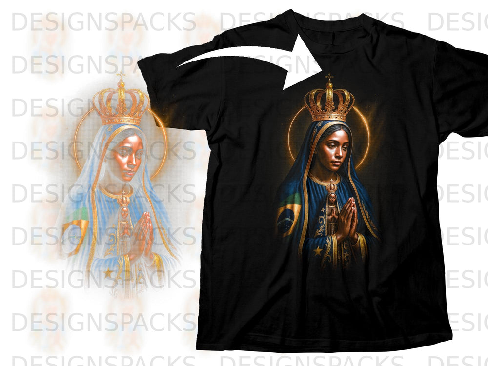 Black t-shirt with a religious illustration of a crowned woman with praying hands.