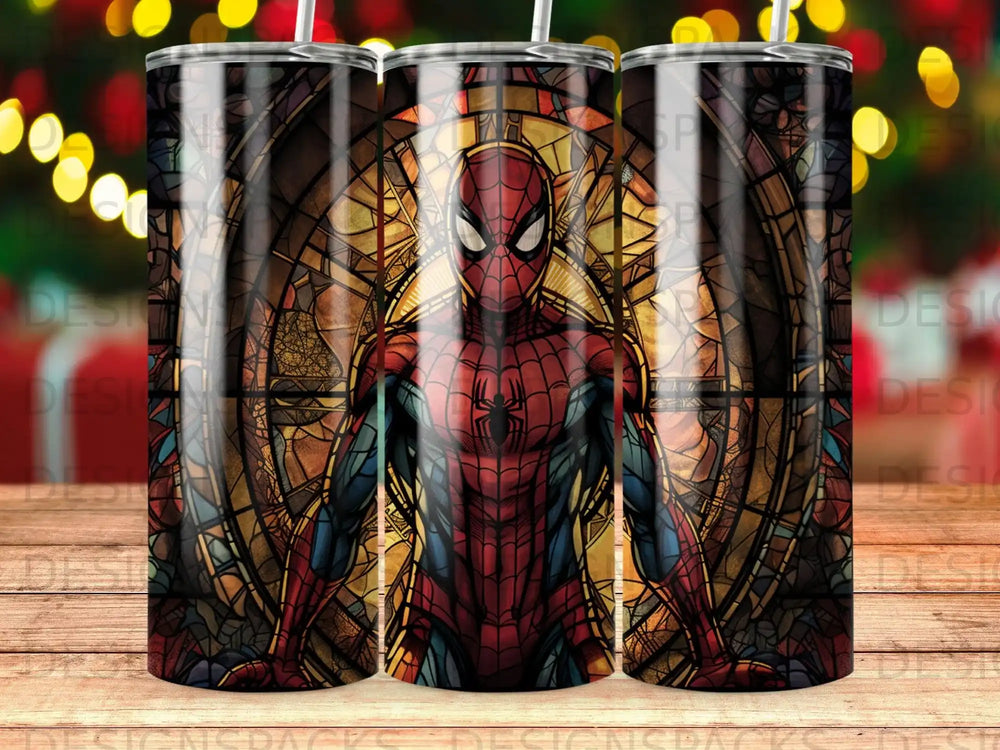 Spiderman in stained glass style on a tumbler with bokeh background.