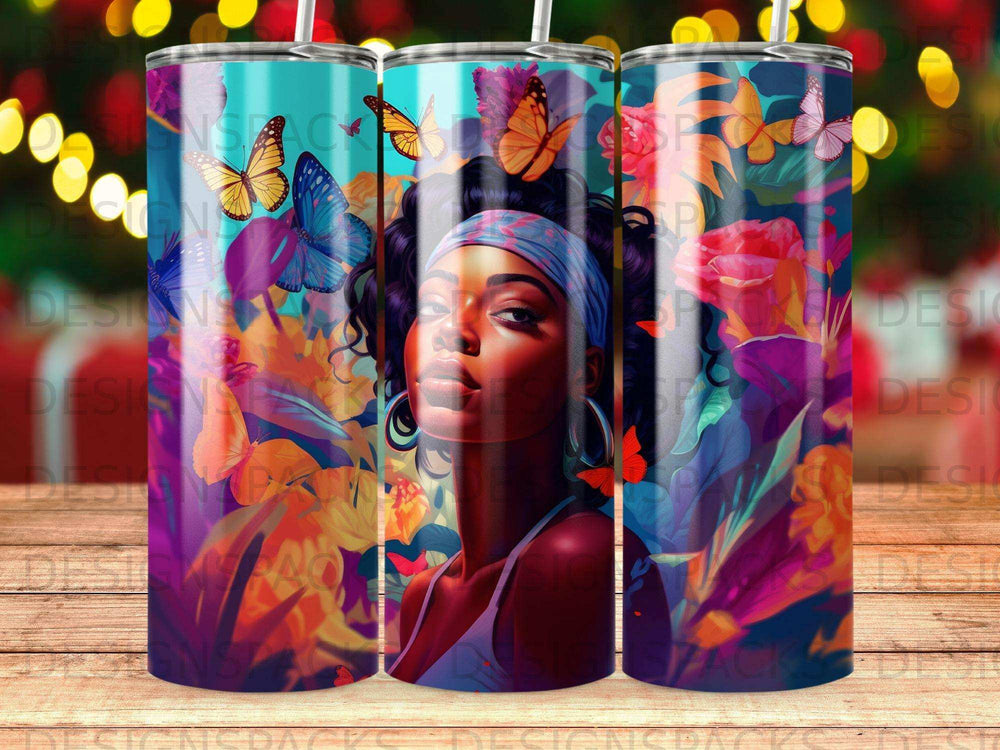 Woman with colorful butterflies and floral accents on a tumbler.