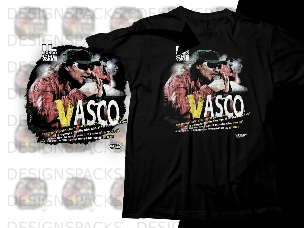T-shirt with Vasco Rossi graphic and Italian lyrics.