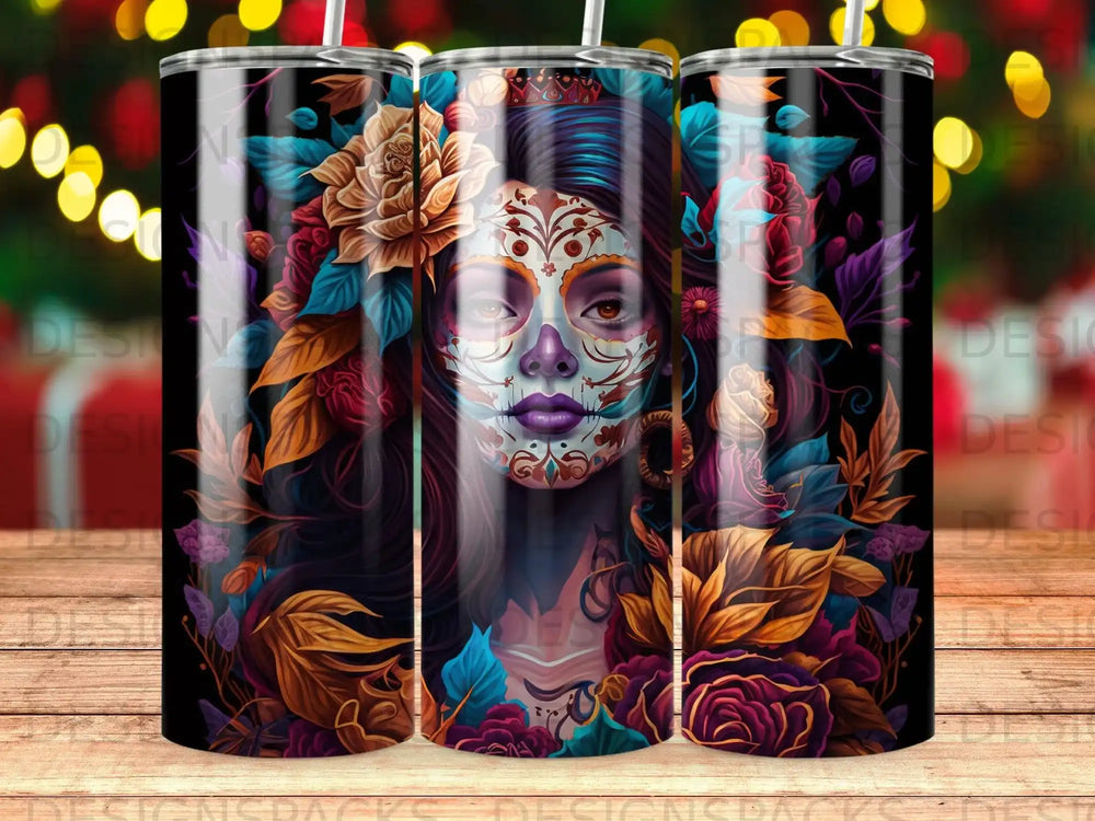Sugar skull woman with floral accents on a tumbler.