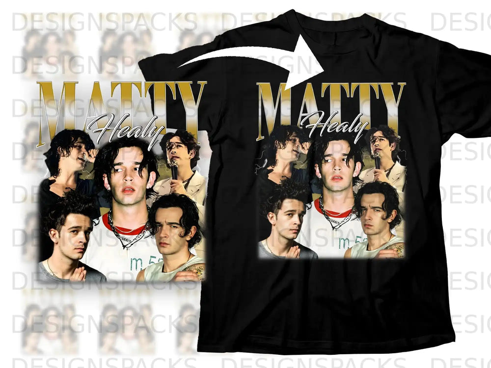 The 1975 Matty Healy graphic t-shirt with band member photos.