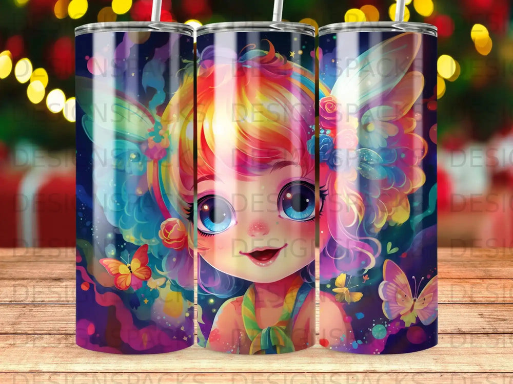 Cartoon fairy with colorful wings and butterfly accents.