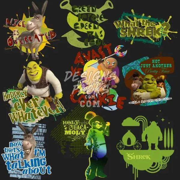 Shrek-themed print designs with funny quotes and vibrant graphics for DTG, DTF, and embroidery