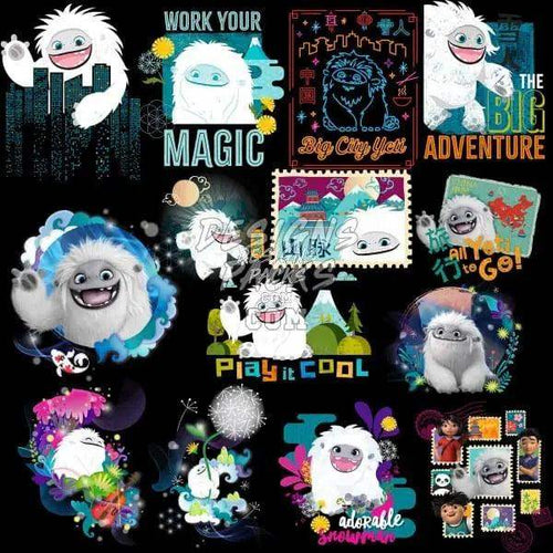 Cute yeti designs for DTF, DTG, embroidery, and tumbler wraps with playful themes and vibrant colors