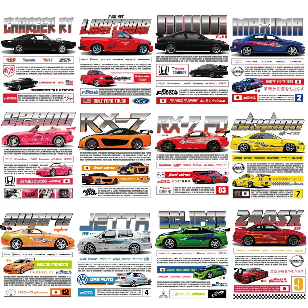 14 Cars Fast Furious Streetwear Black + White Designs Bundle PNG