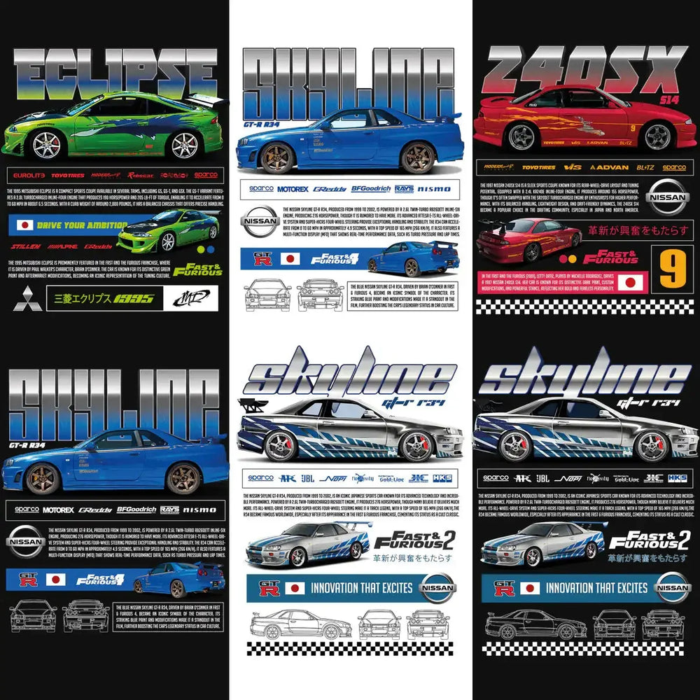 14 Cars Fast Furious Streetwear Black + White Designs Bundle PNG