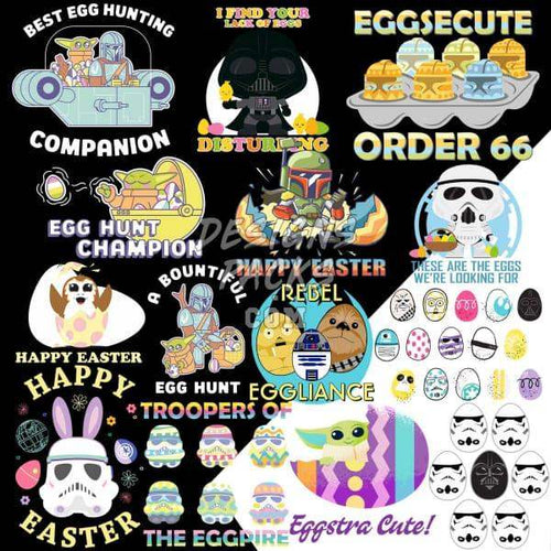 Star Wars Easter designs bundle with Yoda, Darth Vader, Stormtroopers, and egg hunt graphics for DTF, DTG, embroidery
