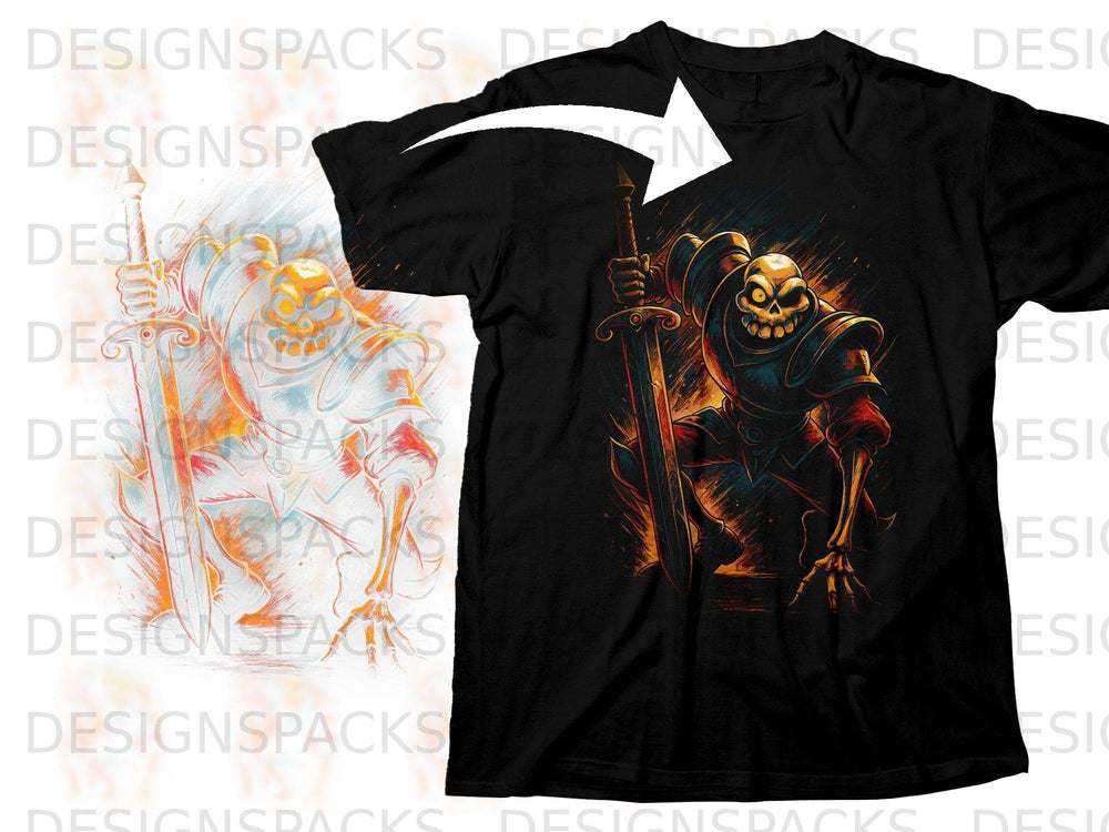 Black t-shirt with graphic of a skeletal warrior holding a sword.
