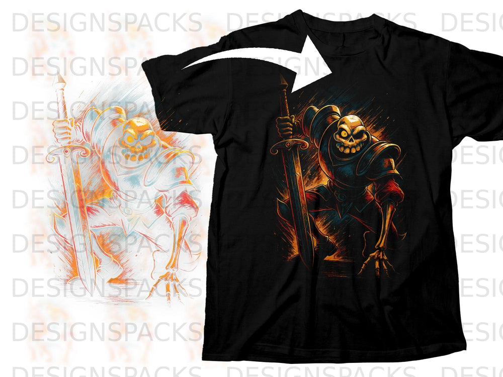 Black t-shirt with graphic of a skeletal warrior holding a sword.