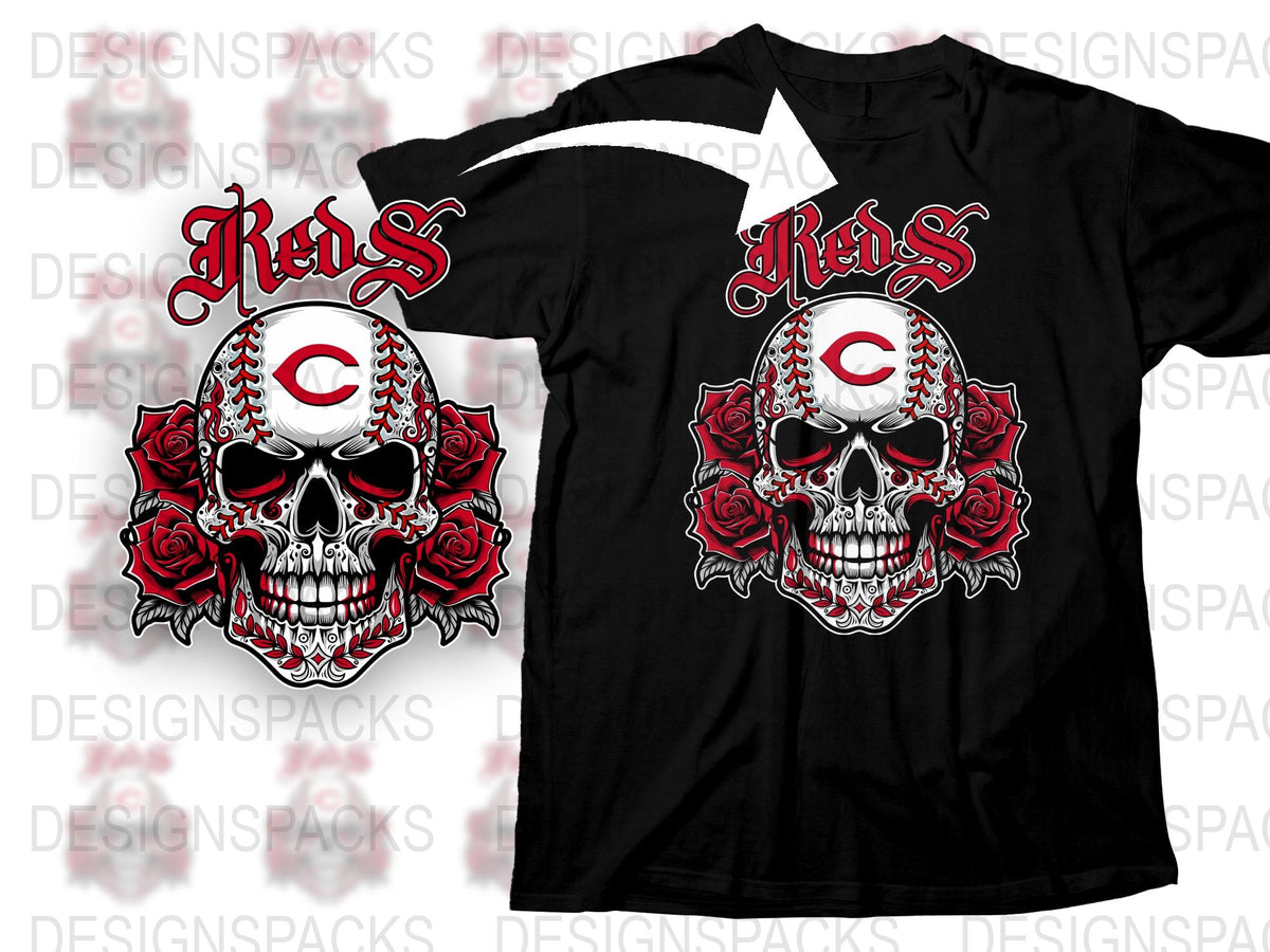 Gothic Skull Cincinnati Reds T-Shirt, Vintage Baseball Team Fan Apparel, Black Crewneck Short Sleeve Top