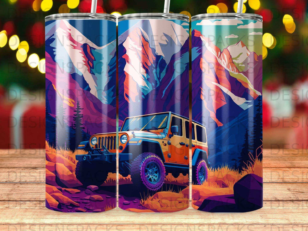 Orange Jeep Wrangler on rocky terrain with mountains and trees background.