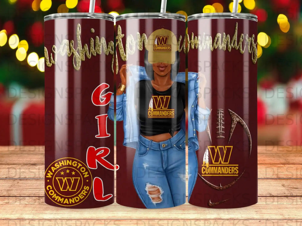 Washington Commanders tumbler featuring a woman in denim and a team logo.