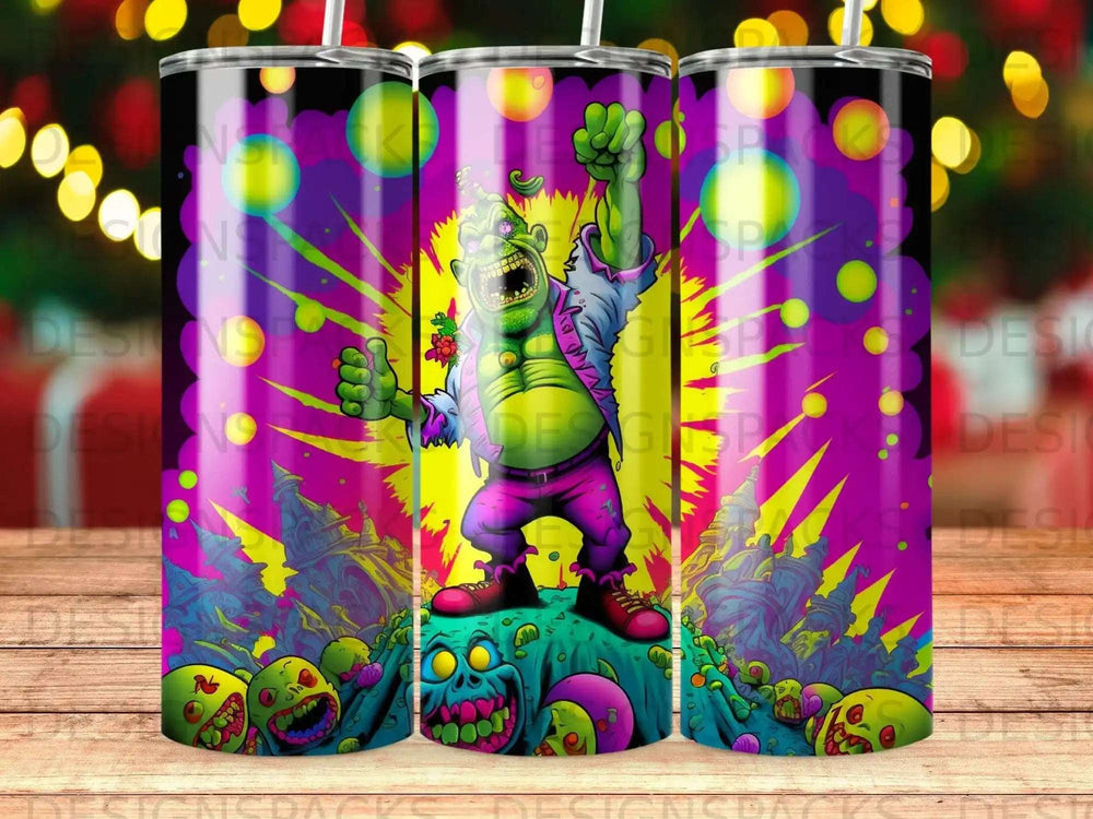 Zombie monster with raised fist on a vibrant, abstract background.