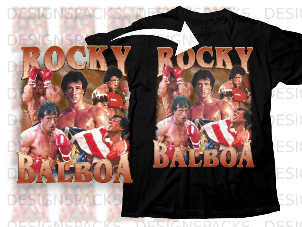 Black t-shirt with collage of Rocky Balboa images and text "Rocky" and "Balboa".