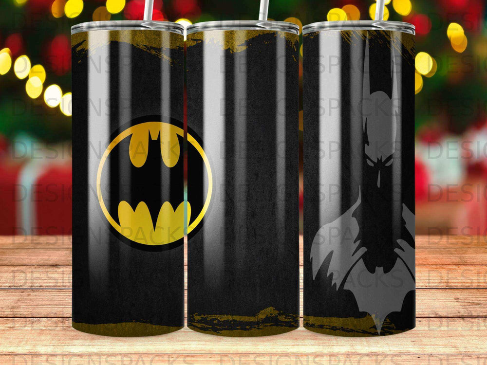 Black tumbler with yellow Batman logo and silhouette against textured background.
